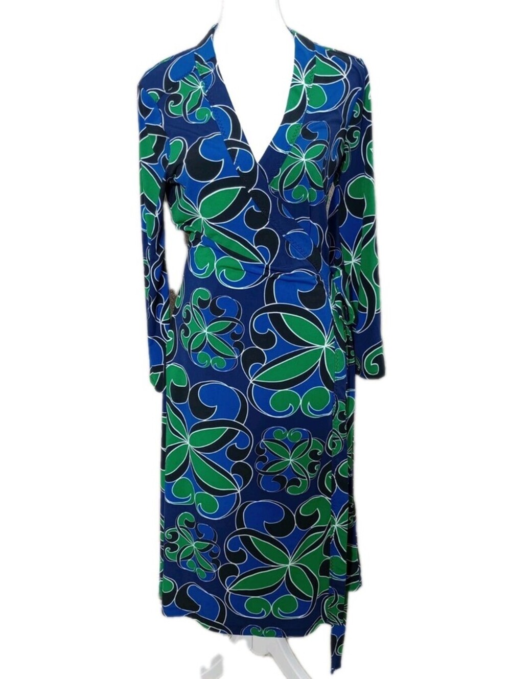 Tahari Dress  Womens Wrap Blue Green Floral Long Sleeve Psychedelic Mod Print M